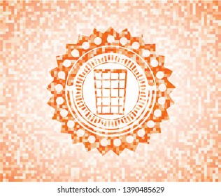 wastepaper basket icon inside orange tile background illustration. Square geometric mosaic seamless pattern with emblem inside.