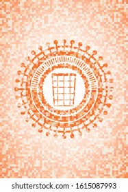 wastepaper basket icon inside orange tile background illustration. Square geometric mosaic seamless pattern with emblem inside.