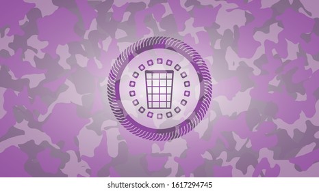 wastepaper basket icon inside pink camouflaged emblem