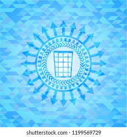 wastepaper basket icon inside realistic light blue emblem. Mosaic background