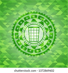 wastepaper basket icon inside realistic green emblem. Mosaic background