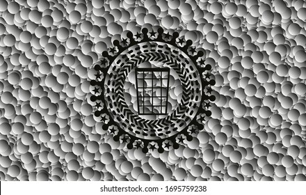 icono de la canasta de los basureros dentro de un emblema negro realista con fondo de burbujas grises. Ilustración vectorial. Detallado.