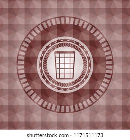 wastepaper basket icon inside red emblem with geometric pattern background. Seamless.