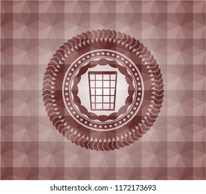 wastepaper basket icon inside red emblem with geometric pattern. Seamless.