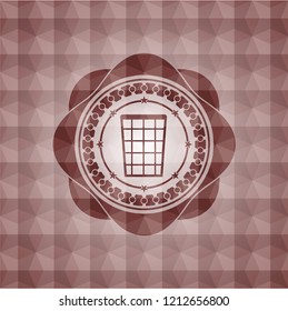 wastepaper basket icon inside red emblem with geometric pattern background. Seamless.