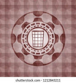 wastepaper basket icon inside red seamless badge with geometric background.