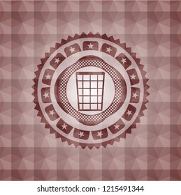 wastepaper basket icon inside red seamless emblem or badge with abstract geometric polygonal pattern background.