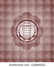 wastepaper basket icon inside red seamless badge with geometric pattern.