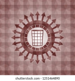 wastepaper basket icon inside red seamless emblem or badge with geometric pattern background.