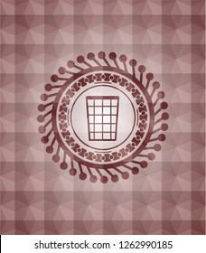 wastepaper basket icon inside red emblem with geometric pattern background. Seamless.