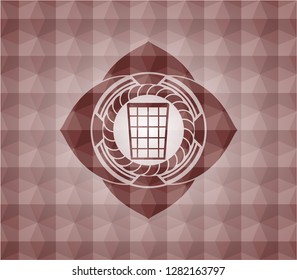 wastepaper basket icon inside red emblem or badge with abstract geometric pattern background. Seamless.