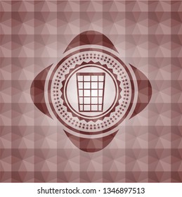 wastepaper basket icon inside red seamless badge with geometric background.