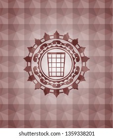 wastepaper basket icon inside red emblem or badge with abstract geometric polygonal pattern background. Seamless.
