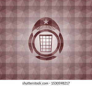 wastepaper basket icon inside red seamless emblem or badge with abstract geometric pattern background.
