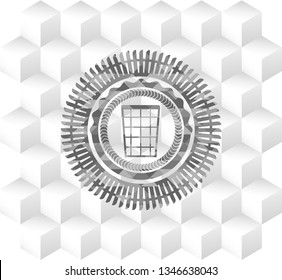 wastepaper basket icon inside retro style grey emblem with geometric cube white background