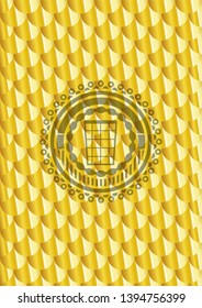 wastepaper basket icon inside shiny golden badge. Scales pattern. Vector Illustration. Detailed.