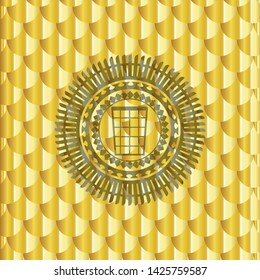wastepaper basket icon inside shiny golden badge. Scales pattern. Vector Illustration. Detailed.