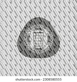 wastepaper basket icon inside silver shiny badge. Scales pattern. Vector Illustration. Detailed. 