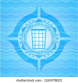 wastepaper basket icon inside sky blue water style badge.