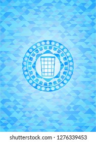 wastepaper basket icon inside sky blue emblem. Mosaic background