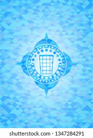 wastepaper basket icon inside sky blue emblem with mosaic ecological style background