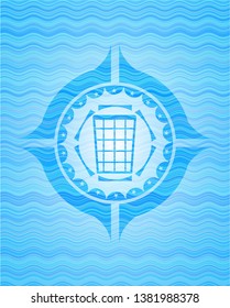 wastepaper basket icon inside sky blue water emblem.