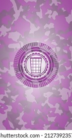 wastepaper basket icon on pink and purple camo pattern. 