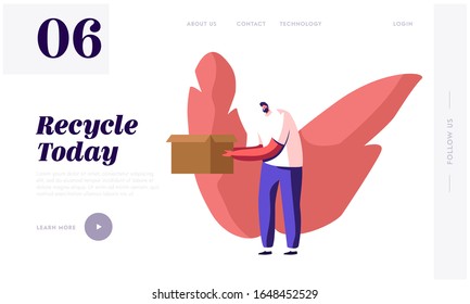 Wastepaper Recycling Solution Website Landing Page. Young Man Volunteer Eco Activist Carry Used Carton Box. Paper Waste Trash Recycle, Stop Pollution Web Page Banner. Cartoon Flat Vector Illustration