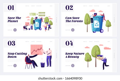 Wastepaper Recycling Solution Website Landing Page Set. Less Paper Using, Stop Deforestation, Garbage Recycle, Segregation, Environmental Reservation Web Page Banner. Cartoon Flat Vector Illustration