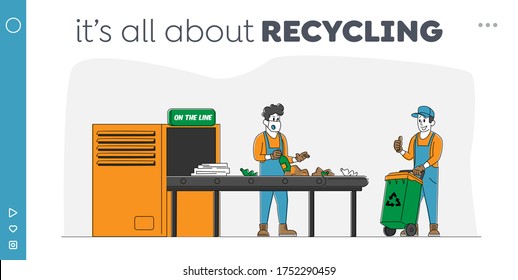 Wastes Recycling Technological Process Landing Page Template. Workers Characters Sorting Litter at Factory Conveyor Belt. Man with Recycle Litter Bin, Manufacturing. Linear People Vector Illustration