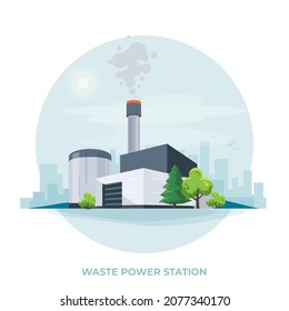 Waste-to-energy power plant station. Facility that combusts garbage to produce electricity. Modern trash-to-energy municipal waste incinerator factory generation. Isolated vector illustration on white