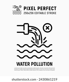Wastewater, dirty toxic water falling in the ocean from pipe thin line icon. Editable stroke. Water pollution. Vector illustration.