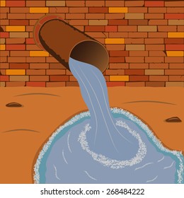 Wastewater flows from rusty sewer pipe that sticks out from the brick wall