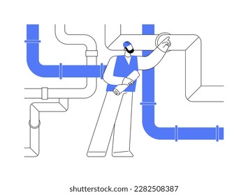 Ilustración abstracta del vector de la gestión de las aguas residuales. El ingeniero controla el sistema de aguas residuales industriales, el entorno ecológico, la gestión de drenajes, la metáfora abstracta del tratamiento de aguas residuales.