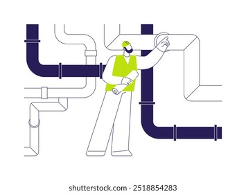 Abstraktes Konzept, Vektorgrafik. Ingenieur steuert industrielle Abwassersystem, Ökologie Umwelt, Entwässerungsmanagement, Abwasserbehandlung abstrakte Metapher.