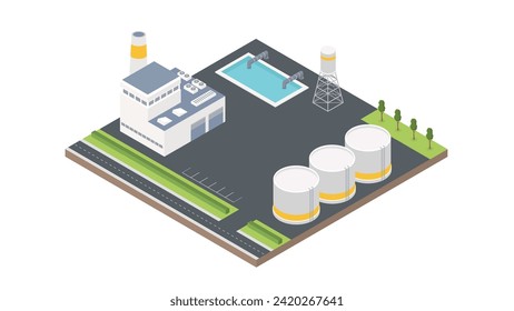 Abwasser- oder Abwasserbehandlungsanlage, Reinigungseinrichtungen und Pumpstation-Ausrüstung isometrische Gestaltung. 3D-Vektorsymbol von Filtrationstanks, Speicher- und Reinigungsbehältern mit Rohrleitungen