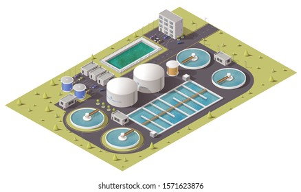 Wastewater or sewage treatment plant, water purification facilities and pumping station equipment isometric design. 3d vector icon of filtration tank, storage and cleaning reservoirs with pipes