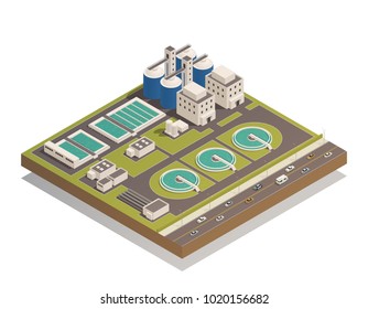 Wastewater sewage  and water cleaning purification treatment plant with pumping filtration separators and aerotanks facilities vector illustration 