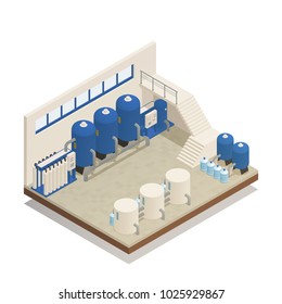 Wastewater sewage and water purification cleaning treatment plant pumping and filtration facility isometric composition vector illustration 