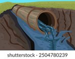 Wastewater and sewer pipe. Dirty water flowing from tube. Ecological disaster, dirty toxic effluents, environmental pollution. Industrial pipe releases toxic waste into ditch.Stock vector illustration