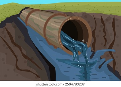 Wastewater and sewer pipe. Dirty water flowing from tube. Ecological disaster, dirty toxic effluents, environmental pollution. Industrial pipe releases toxic waste into ditch.Stock vector illustration