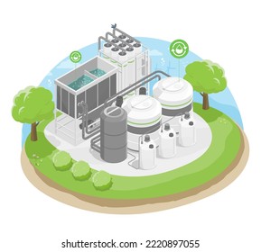 Wastewater Treatment Concept Ecology Green Factory Water Recycle System Isometric