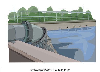 Wastewater treatment plant. Wastewater released from industrial plants. Environmental pollution. Dirty water from industrial metal pipes. Pipe with sludge pouring out into water. Vector illustration