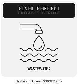 Aguas residuales, contaminación del agua. Tubería con gota de agua cayendo en el mar, océano. Trazo perfecto y editable. Ilustración vectorial.