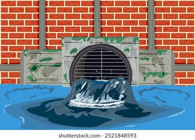 Wastewater,dirty water and pipe on brick wall background.Sewer system and pipe.From tube flowing toxic liquid into river or sea.Waste water pollution from industry.Industrial drain.Vector illustration