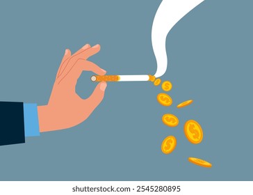 Wasting money to a bad habit. Cigarette with smoke formed coin. Smoking kills. Flat vector illustration