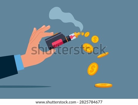 Wasting money to a bad habit. Electronic Cigarette Vaping Vape for Vapor Bar and Vape Shop with smoke formed coin. Smoking kills. Flat vector illustration