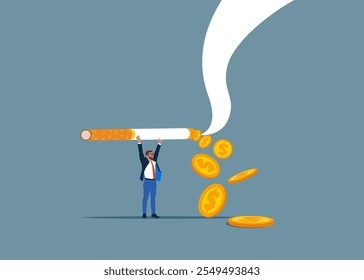 Wasting money to a bad habit. Tiny businessman with cigarette with smoke formed coin. Smoking kills. Flat vector illustration