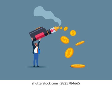 Wasting money to a bad habit. Tiny businessman with Electronic Cigarette Vaping Vape for Vapor Bar and Vape Shop with smoke formed coin. Smoking kills. Flat vector illustration
