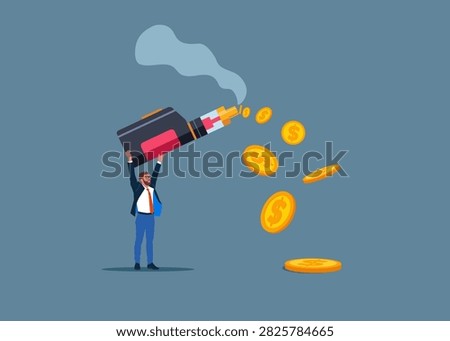 Wasting money to a bad habit. Tiny businessman with Electronic Cigarette Vaping Vape for Vapor Bar and Vape Shop with smoke formed coin. Smoking kills. Flat vector illustration